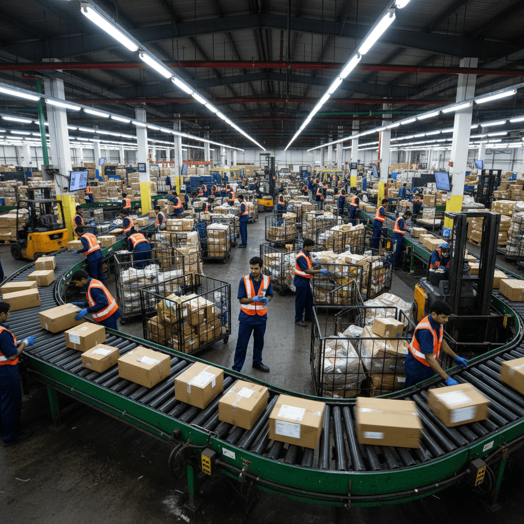Warehouse workers sorting packages on conveyor belt