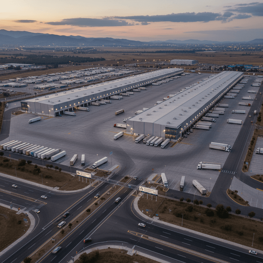 Aerial view of a logistics hub at night with lights