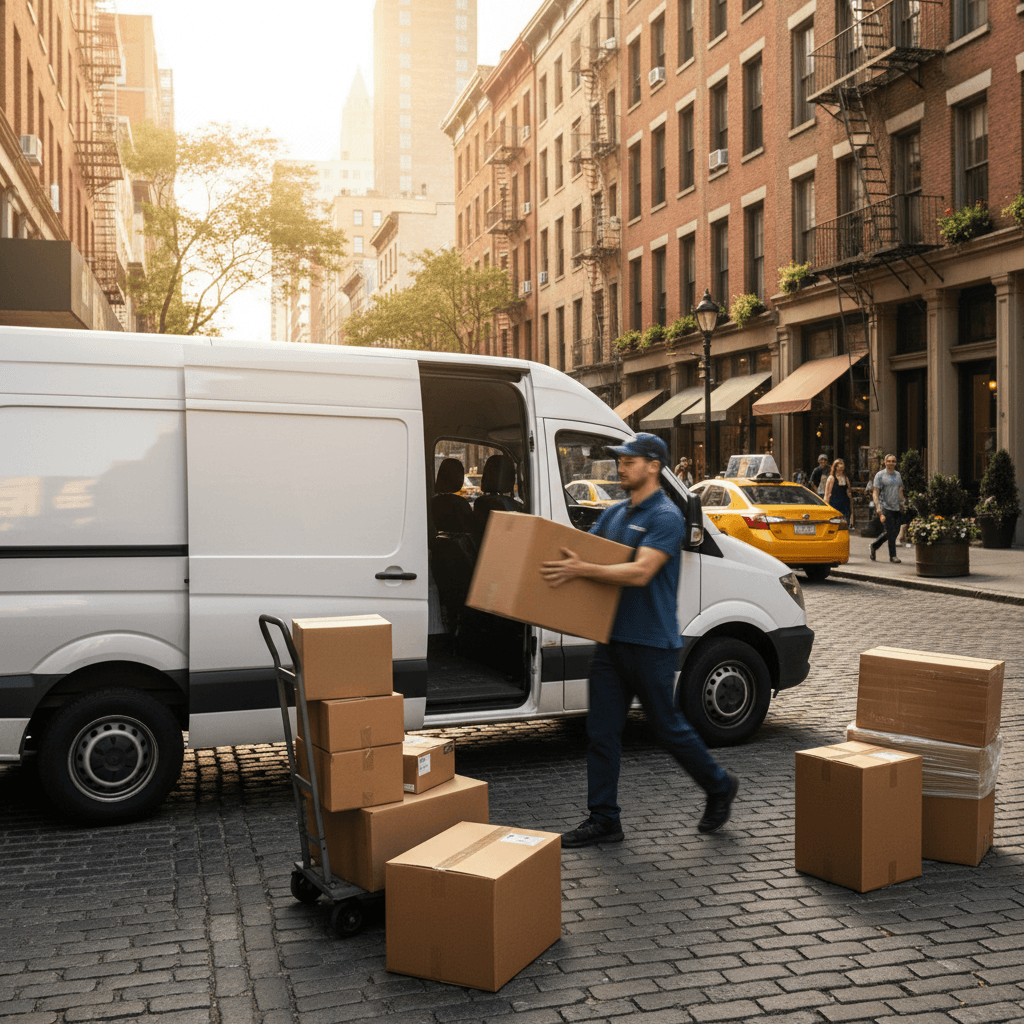 Delivery van on a city street making a delivery